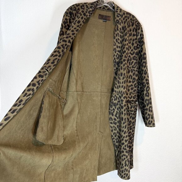 Anthropologie Faux Suede Jacket Trench Coat Green Black Leopard Print Small - Picture 4 of 11